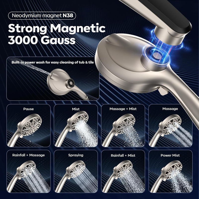 Razime Shower Head with filtered Handheld High Pressure daul Shower Heads with Handheld Spray Combo and 10 Sprays Handheld Shower Head Detachable Shower head Built-in Magnetic Docking and Power Jets Nickel - Image 2